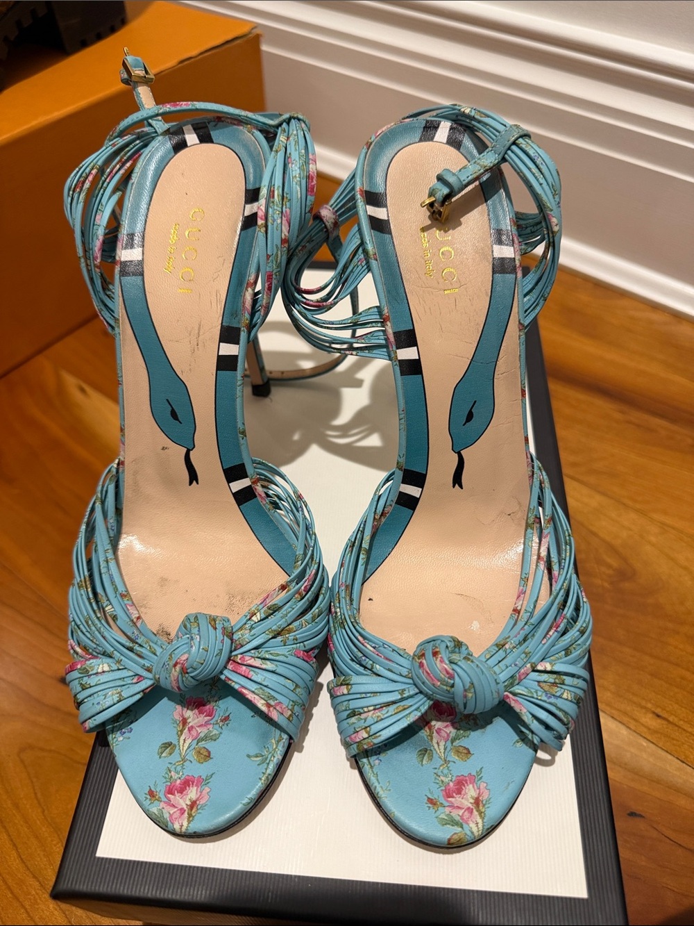 Gucci Light Blue Floral Leather Knotted Strap Heels